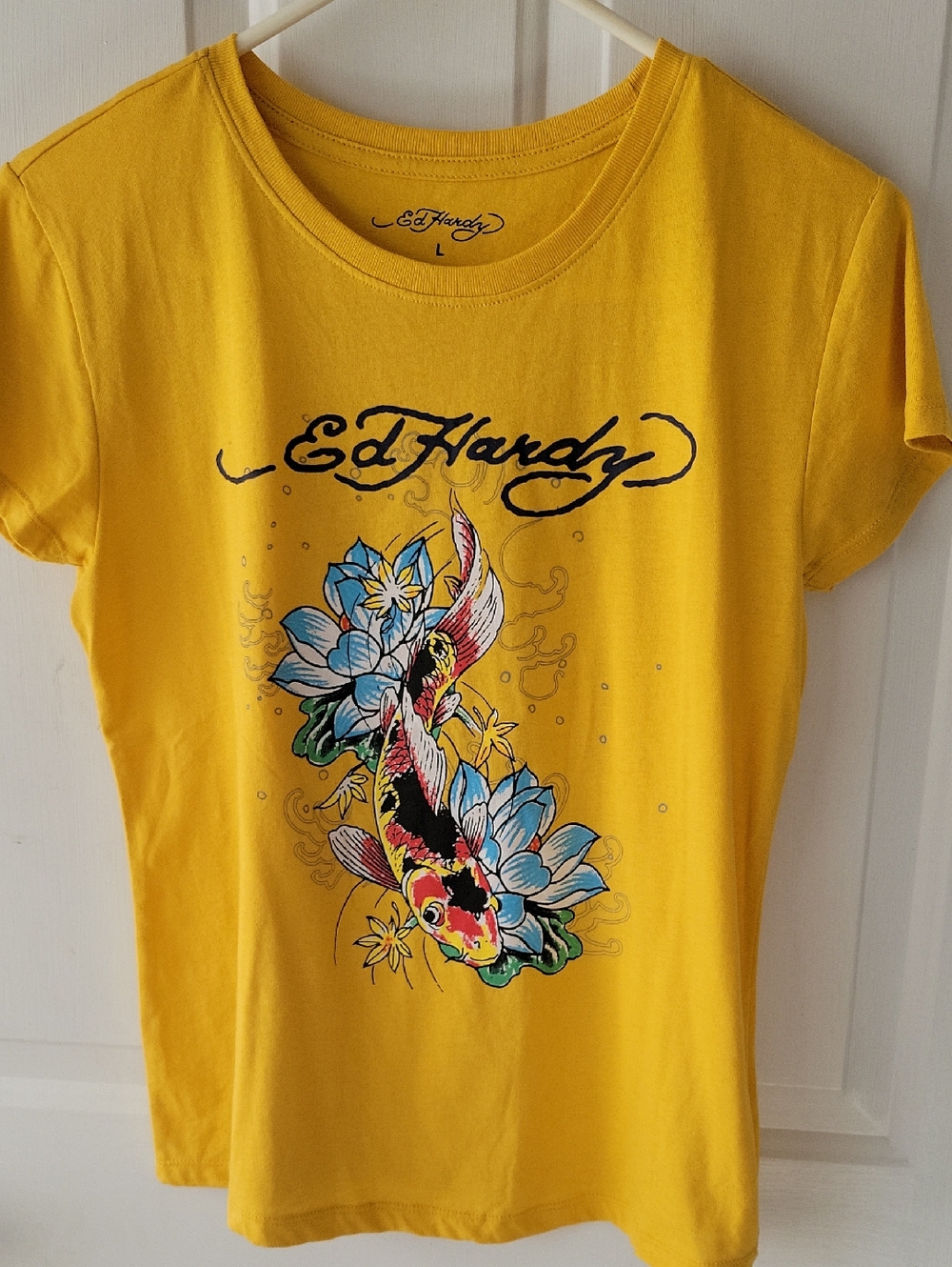 Ed Hardy Yellow Tee with Blue Floral Koi Graphic